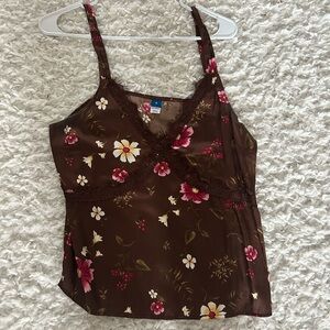 Old Navy Brown Floral Lace-Trim Camisole with Pink & Cream Flowers